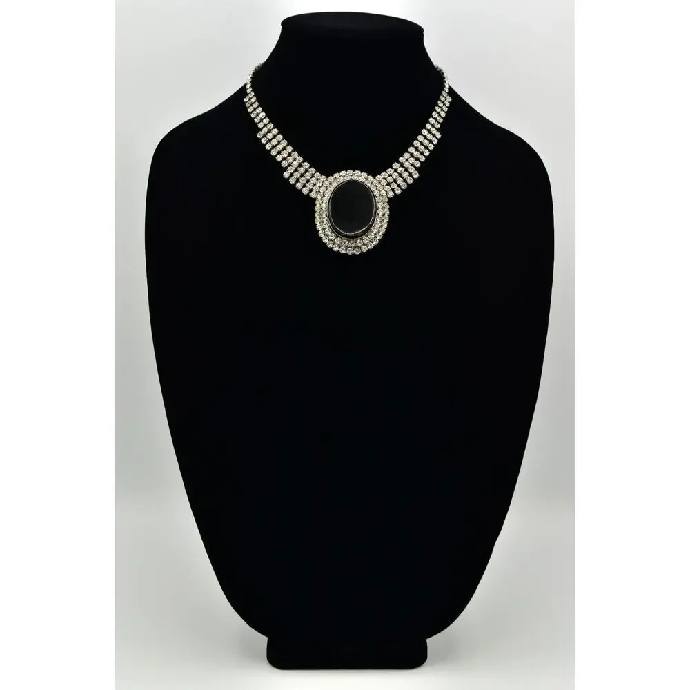 Vintage Crystal Collar Bib Necklace Prong Rhinestone Black Antiqued 1950s BinBJ